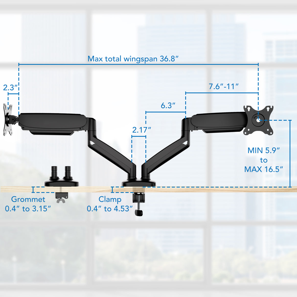 The Mount-It! Dual Monitor Desk Mount with Gas Spring Arms offers full motion adjustability, a max wingspan of 36.8", detailed arm dimensions, grommet and clamp size options, plus built-in cable management to keep your desk organized.