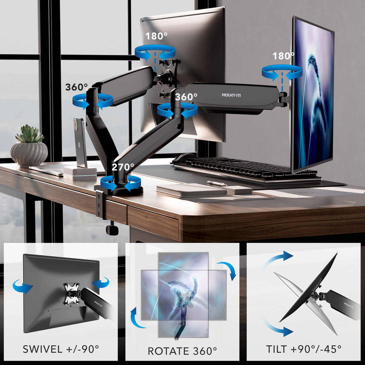 The Mount-It! Dual Monitor Desk Mount with Gas Spring Arms is attached to a desk, holding two monitors. It offers full motion swivel, rotation, and tilt, with blue arrows and labels showing angles of movement and cable management features.