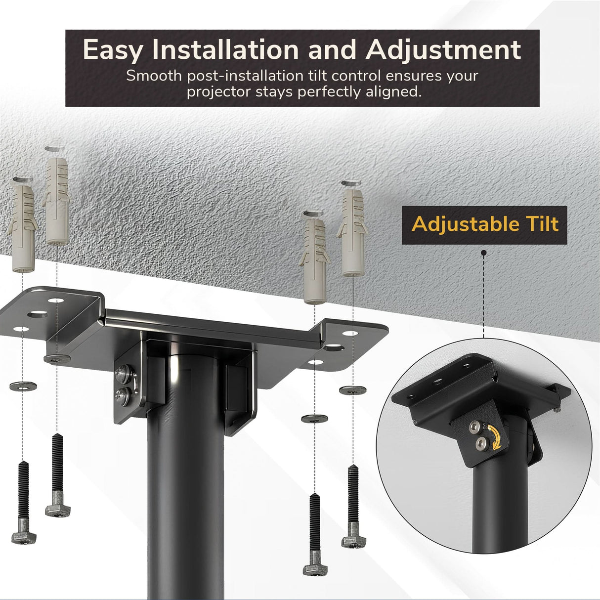Heavy-Duty Universal Projector Ceiling Mount The Mount-It! Heavy-Duty Universal Projector Ceiling Mount is installed with screws and wall plugs. An inset highlights its adjustable tilt and universal compatibility, showing easy setup and precise alignment on textured ceilings.