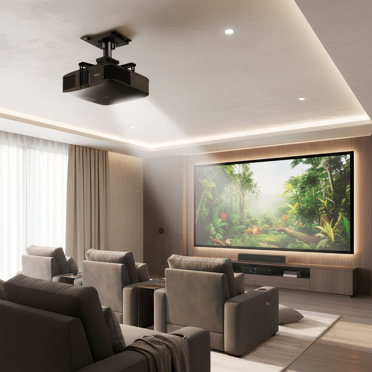 Heavy-Duty Universal Projector Ceiling Mount A modern home theater room with gray recliners and a vivid jungle scene on a large screen, featuring the Mount-It! Heavy-Duty Universal Projector Ceiling Mount and soft ambient lighting for an immersive experience.