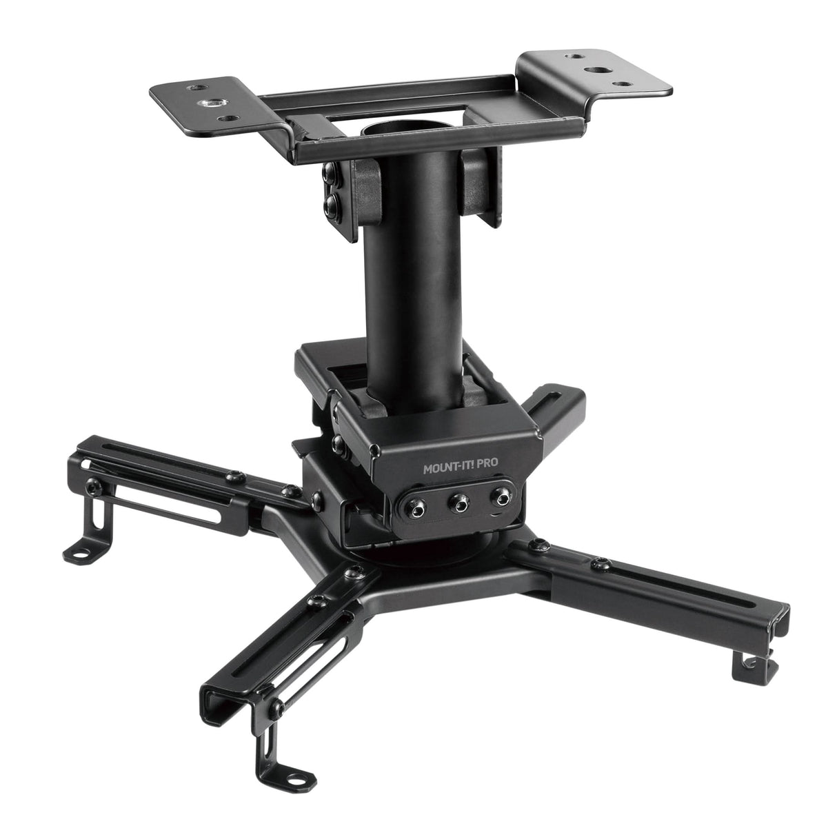 Heavy-Duty Universal Projector Ceiling Mount The Mount-It! Heavy-Duty Universal Projector Ceiling Mount features adjustable, extendable arms, a quick-release mechanism, and a tilt joint for flexible projector positioning, displayed against a white background.
