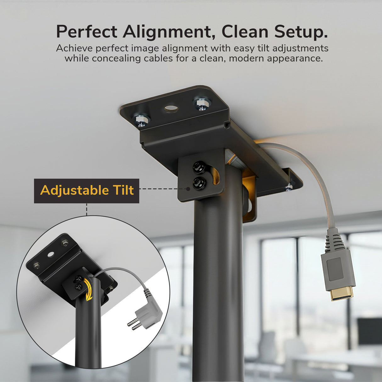 Heavy-Duty Universal Ceiling Projector Mount The Mount-It! Heavy-Duty Universal Ceiling Projector bracket features an adjustable tilt, strong support, and neat HDMI cable management. Inset shows the tilt mechanism up close. Text highlights perfect projector alignment and a tidy cable setup.