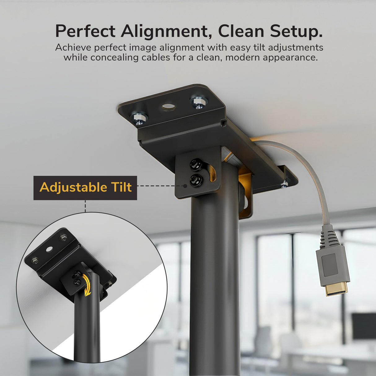 Heavy Duty Projector Ceiling Mount The Mount-It! Heavy Duty Projector Ceiling Mount features neatly concealed cables, an included HDMI cable, and adjustable tilt for perfect alignment—a label highlights this clean and professional ceiling projector setup.