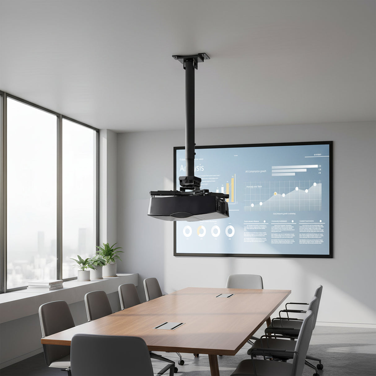 Heavy Duty Projector Ceiling Mount A modern conference room with a long wooden table, gray chairs, a large window, a digital display showing charts, and a Mount-It! Heavy Duty Projector Ceiling Mount securing the projector above the table.