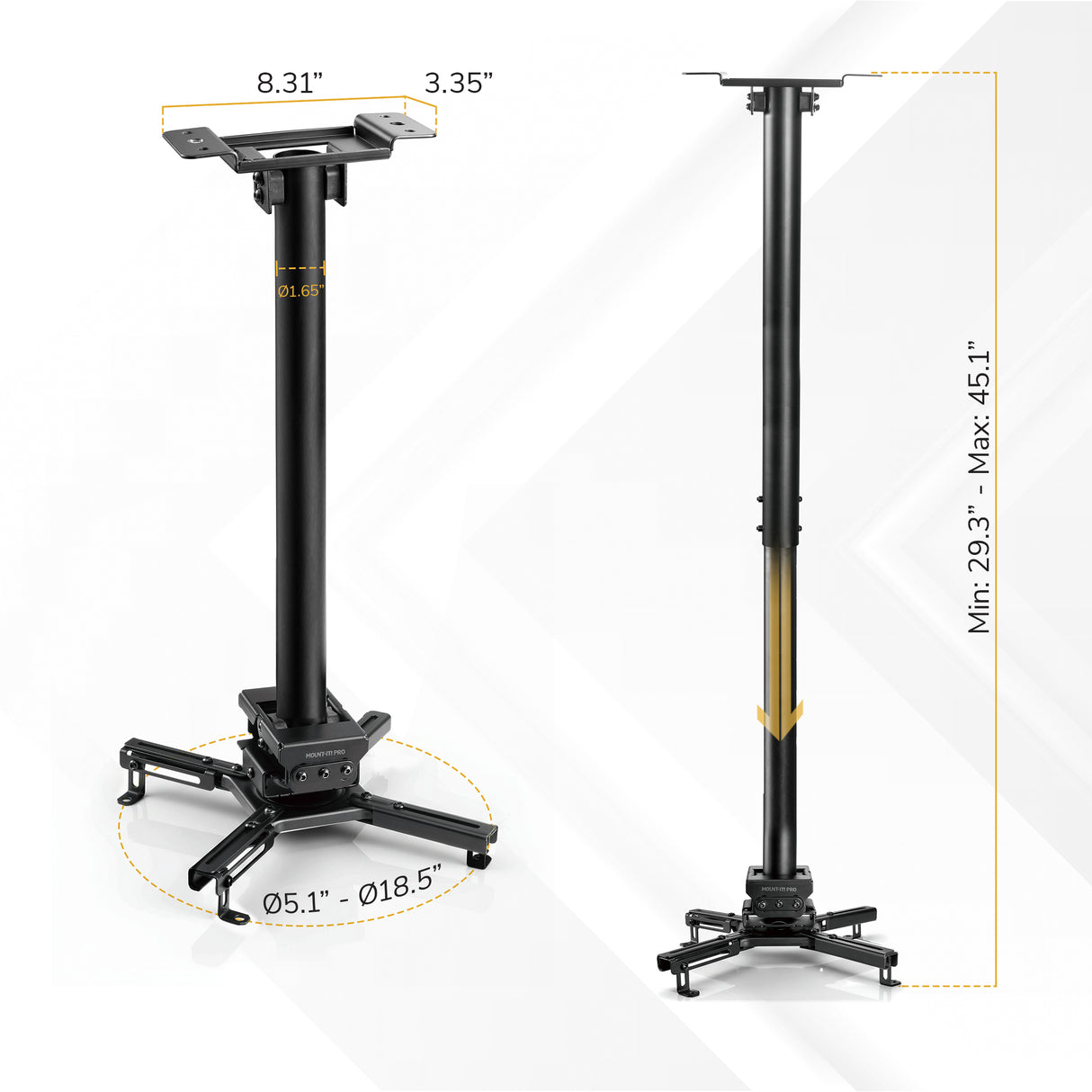 Heavy Duty Projector Ceiling Mount Two views of the Mount-It! Heavy Duty Projector Ceiling Mount with labeled dimensions: base width 8.31", top plate 3.35", height adjustable from 29.3"–45.1", and arm span Ø5.1"–Ø18.5"; ideal for secure ceiling projector mounting.