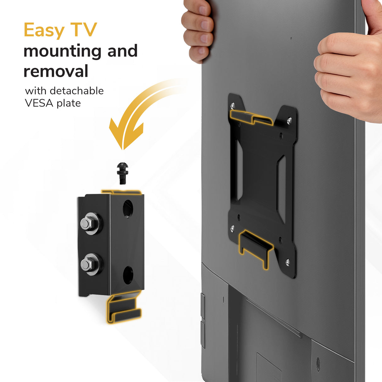 A hand lifts a TV featuring Mount-It!’s Low-Profile Tilt TV Wall Mount with a detachable VESA 200x200 plate highlighted in yellow. Text reads: Easy mounting & removal with detachable VESA plate. Arrow shows the simple process.