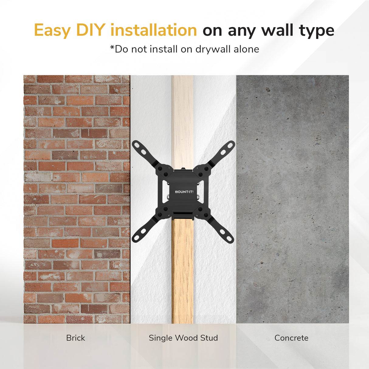 The Mount-It! Low-Profile Tilt TV Wall Mount is shown installed on brick, a single wood stud, and concrete. Do not mount compact TV mounts or VESA 200x200 brackets on drywall alone.