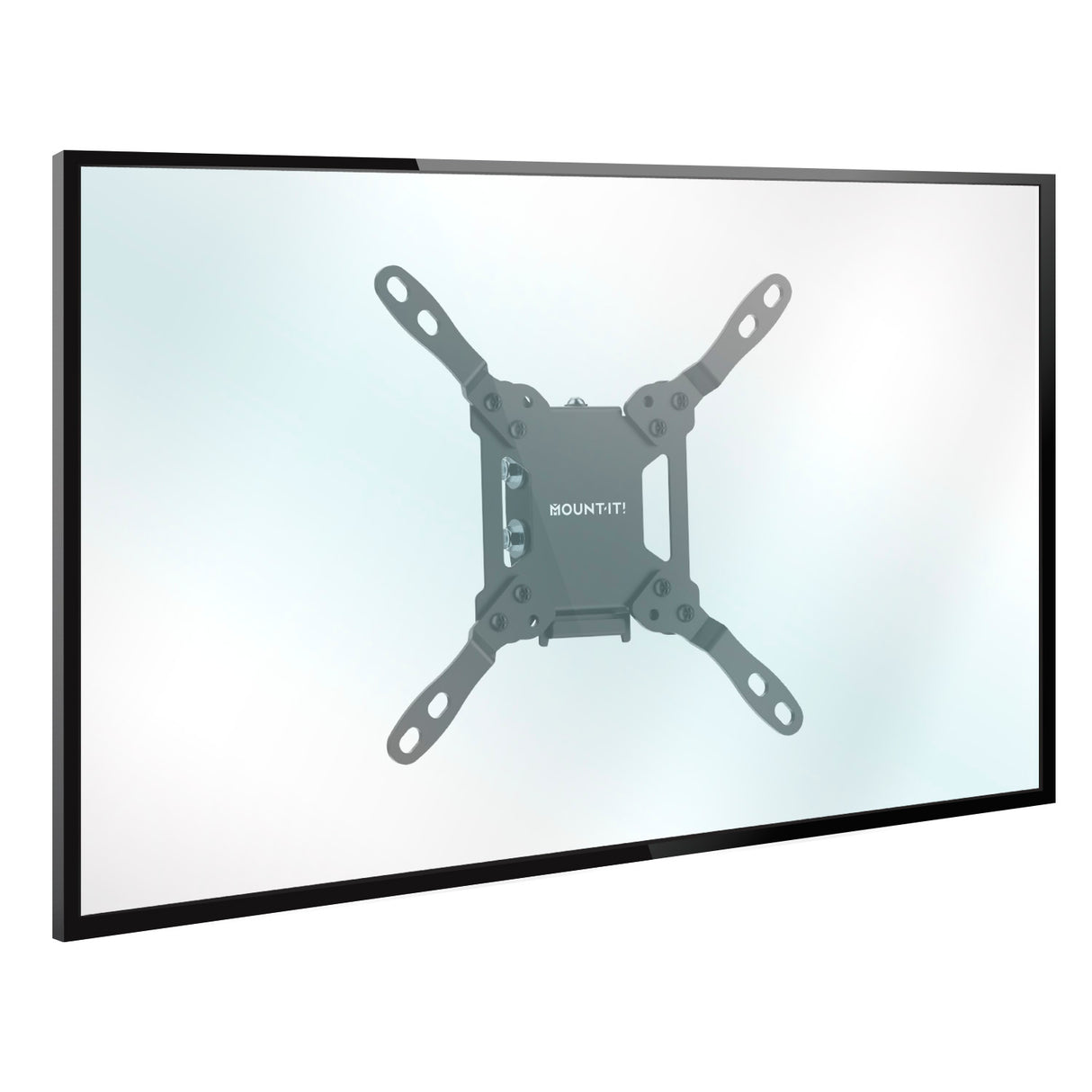 A flat-screen TV mounted on a wall with a black Mount-It! Low-Profile Tilt TV Wall Mount, with the compact bracket visible behind the center of the screen.