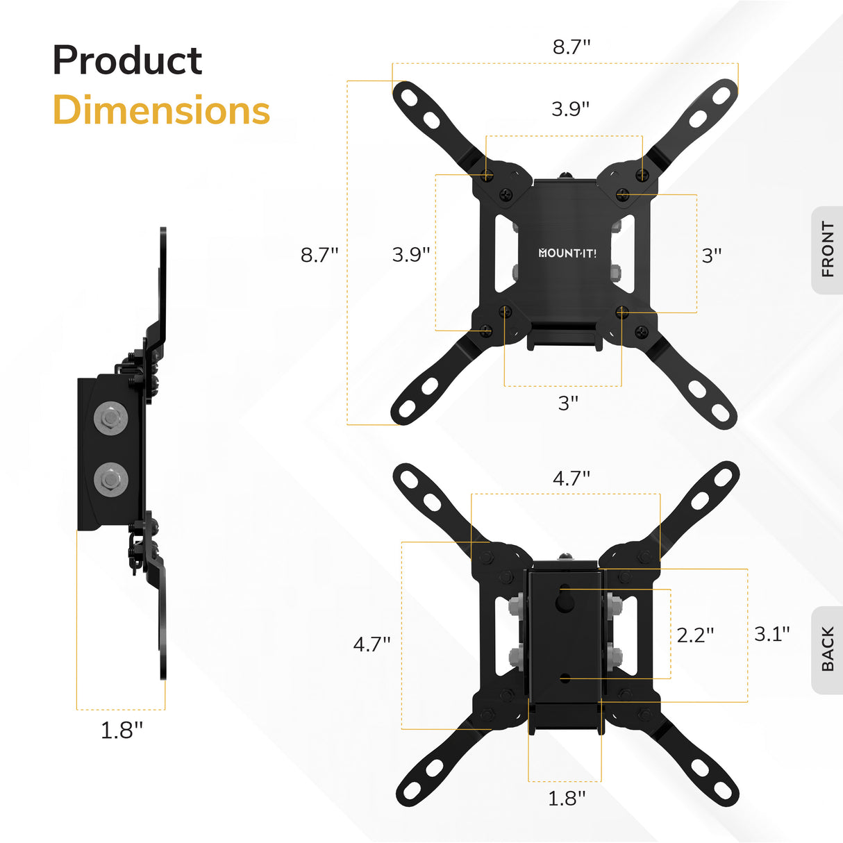 Diagram displays front and back views of the Mount-It! Low-Profile Tilt TV Wall Mount, showing labeled dimensions (8.9, 4.7, 3.9, 1.8, 3, and 2.2) and compatibility with VESA 200x200 standards.
