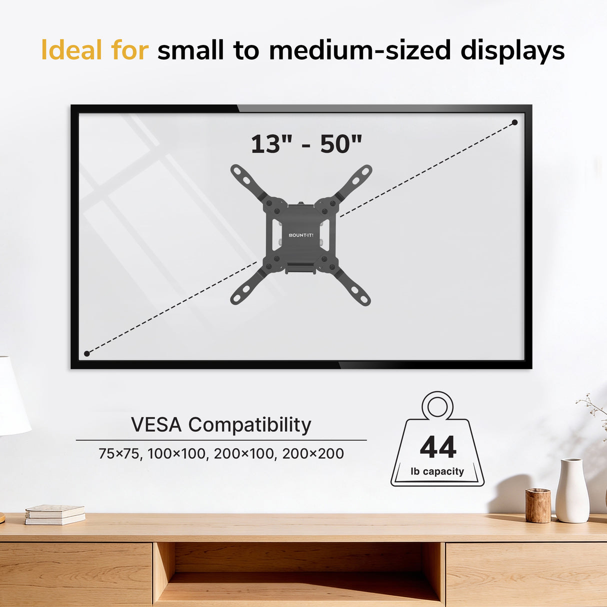 Graphic of the Mount-It! Low-Profile Tilt TV Wall Mount, designed for 13–50" screens up to 44 lbs with VESA 75x75–200x200 compatibility, shown in a modern living room. Text highlights suitability for small and medium displays.