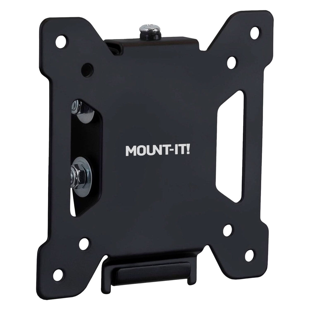 Tilting TV Wall Mount The Mount-It! Tilting TV Wall Mount is a black metal bracket with a compact, low-profile design, multiple screw holes for mounting, and the brand name printed in white on the front.
