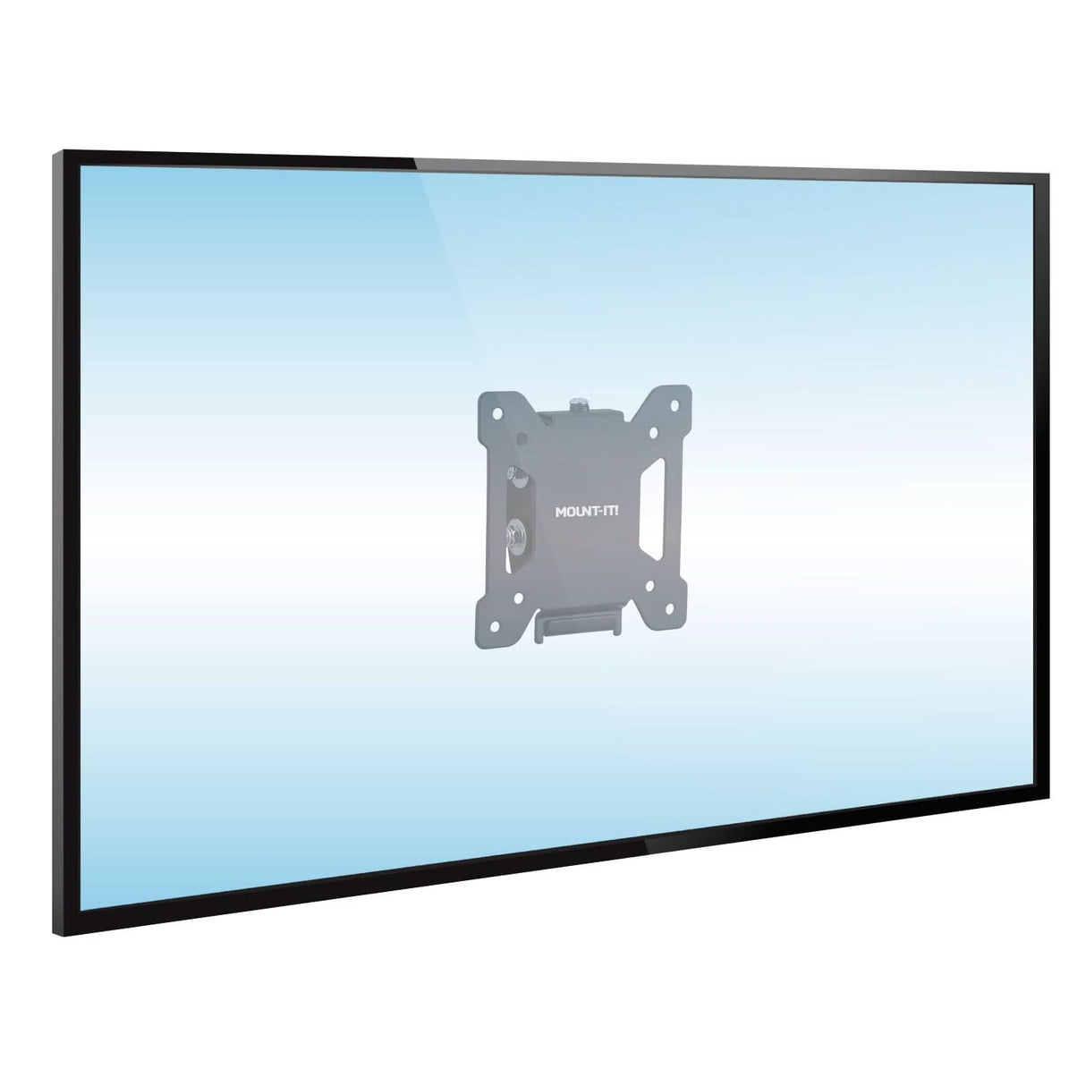 Tilting TV Wall Mount A 32-inch flat-screen TV with its display off is mounted on a light blue wall using the Mount-It! Tilting TV Wall Mount, visible behind the screen and reflecting light slightly.