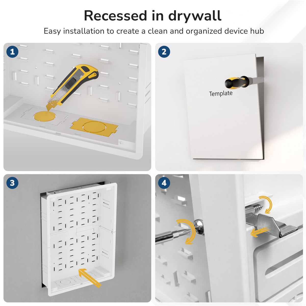 Mount-It! In-Wall Media Box - Large: Step-by-step installation includes cutting drywall, using a template, inserting the box, and securing with screws. Four labeled images show device mounting and Wi-Fi-transparent design features.