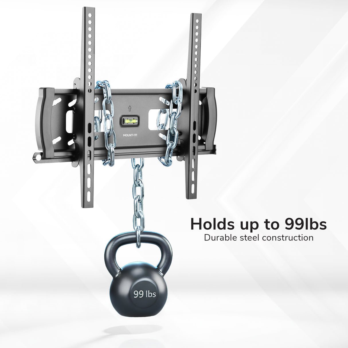 Locking Anti-Theft TV Wall Mount A Locking Anti-Theft TV Wall Mount by Mount-It! holds a 99-pound kettlebell, showcasing its strength. Text on the right: Holds up to 99 lbs. Durable steel construction. Compatible with VESA 400x400.