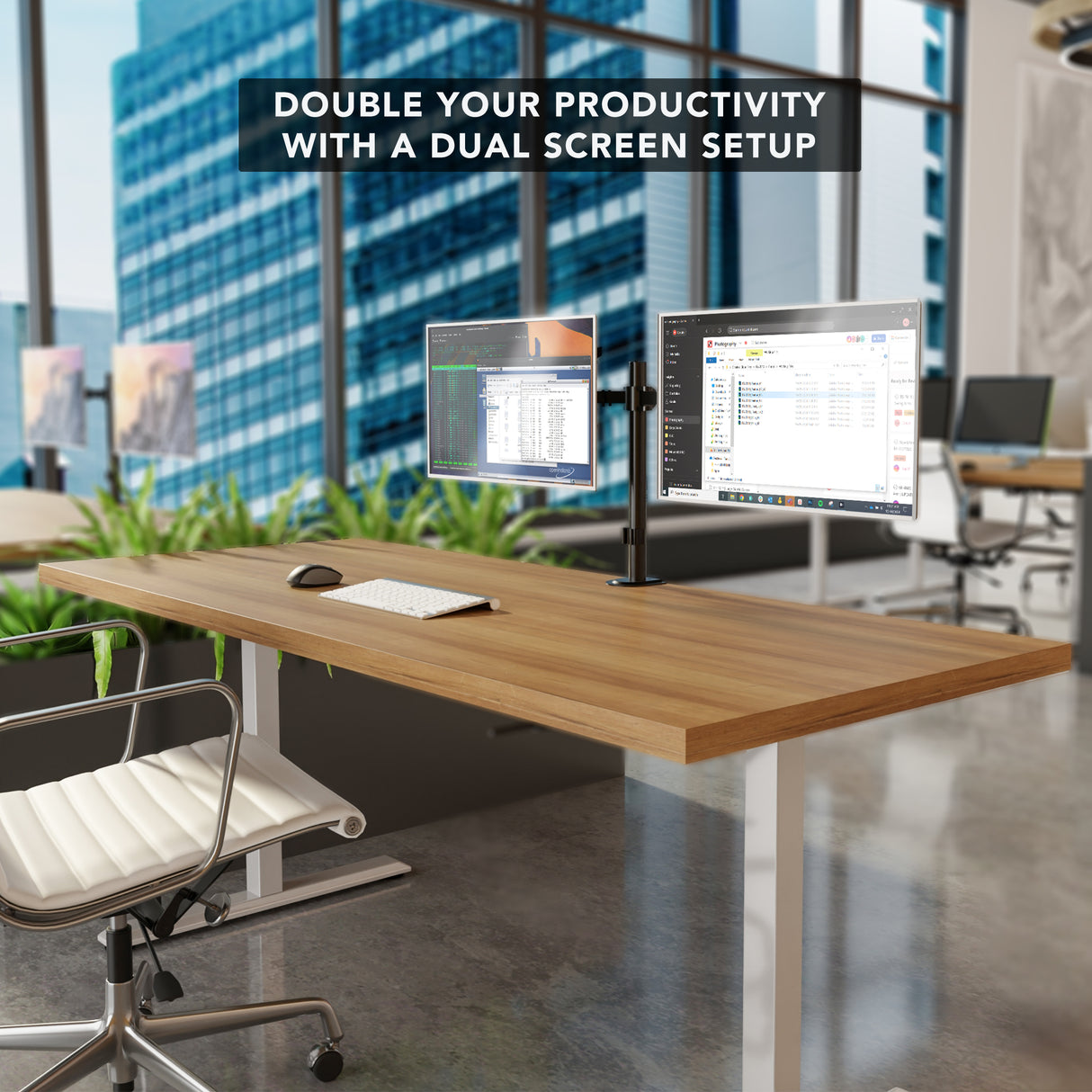 Full Motion Dual Monitor Desk Mount, Fits 32" Monitors Enhance your workspace with the Mount-It! Full Motion Dual Monitor Desk Mount for 32" screens. Boost productivity by creating a dual-screen setup with flexible positioning—perfect for modern offices with city views.
