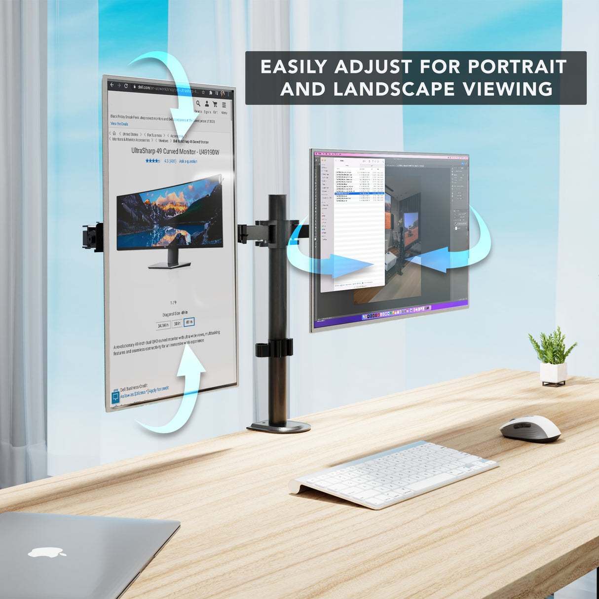 Full Motion Dual Monitor Desk Mount, Fits 32" Monitors The Mount-It! Full Motion Dual Monitor Desk Mount fits 32" monitors and lets you easily switch between portrait and landscape positions—an ergonomic solution for your workspace.