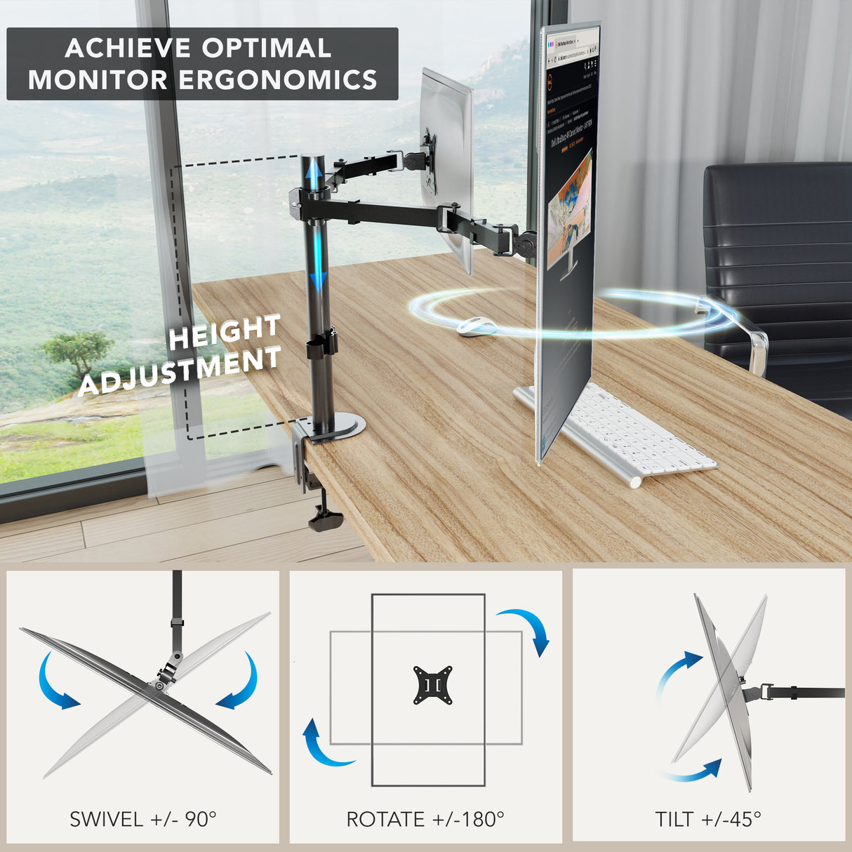 The Mount-It! Full Motion Dual Monitor Desk Mount attaches to your desk, offering height adjustment, ±90° swivel, ±180° rotation, and ±45° tilt for ergonomic positioning. VESA compatible; key features are clearly illustrated.