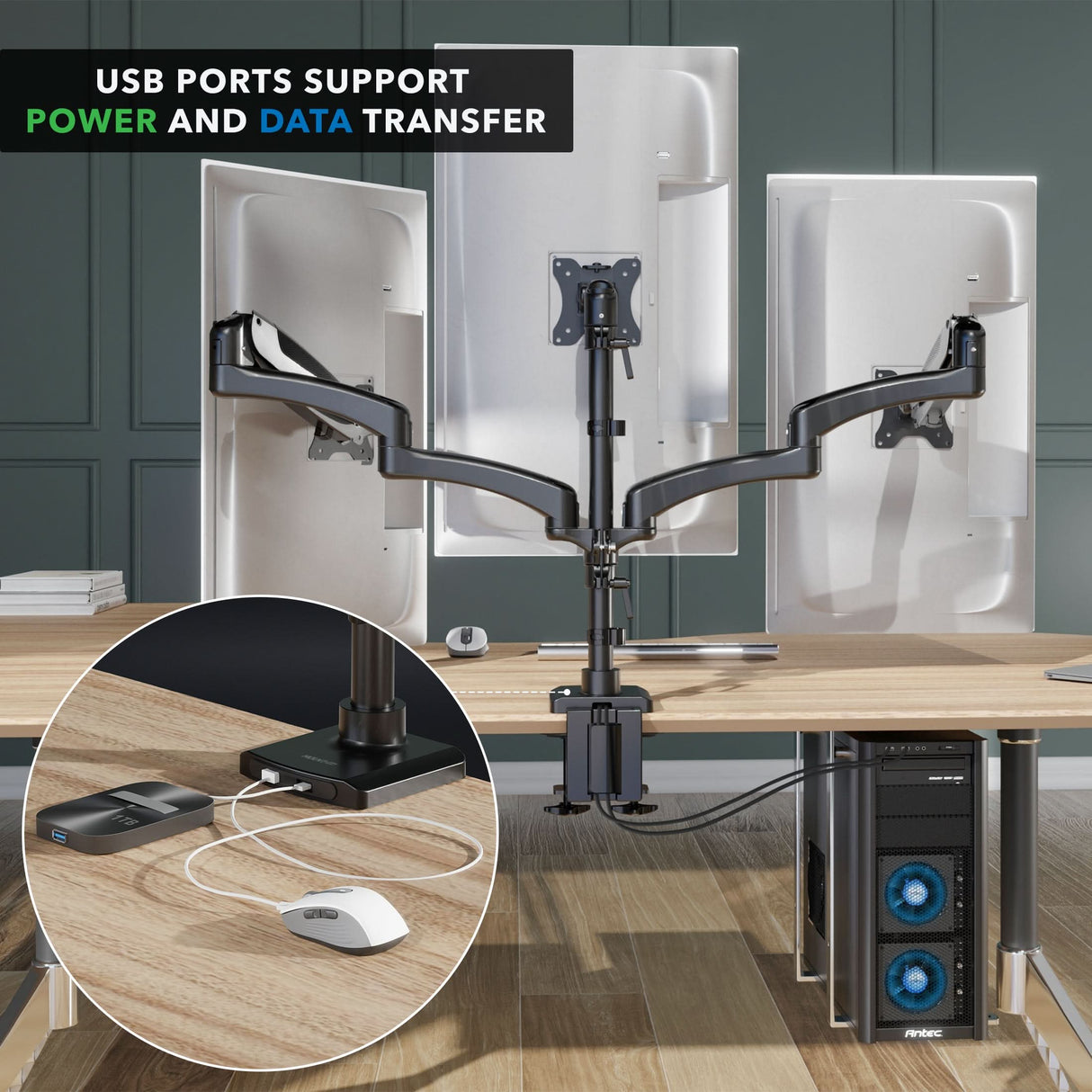 Triple Monitor Mount with Gas Spring Arms and USB Ports Triple Monitor Mount with Gas Spring Arms and USB Ports securely holding three monitors above a desk, showing cable management and USB connections for power and data transfer, highlighting ergonomic swivel and tilt adjustments and clamp installation on a wooden desk.