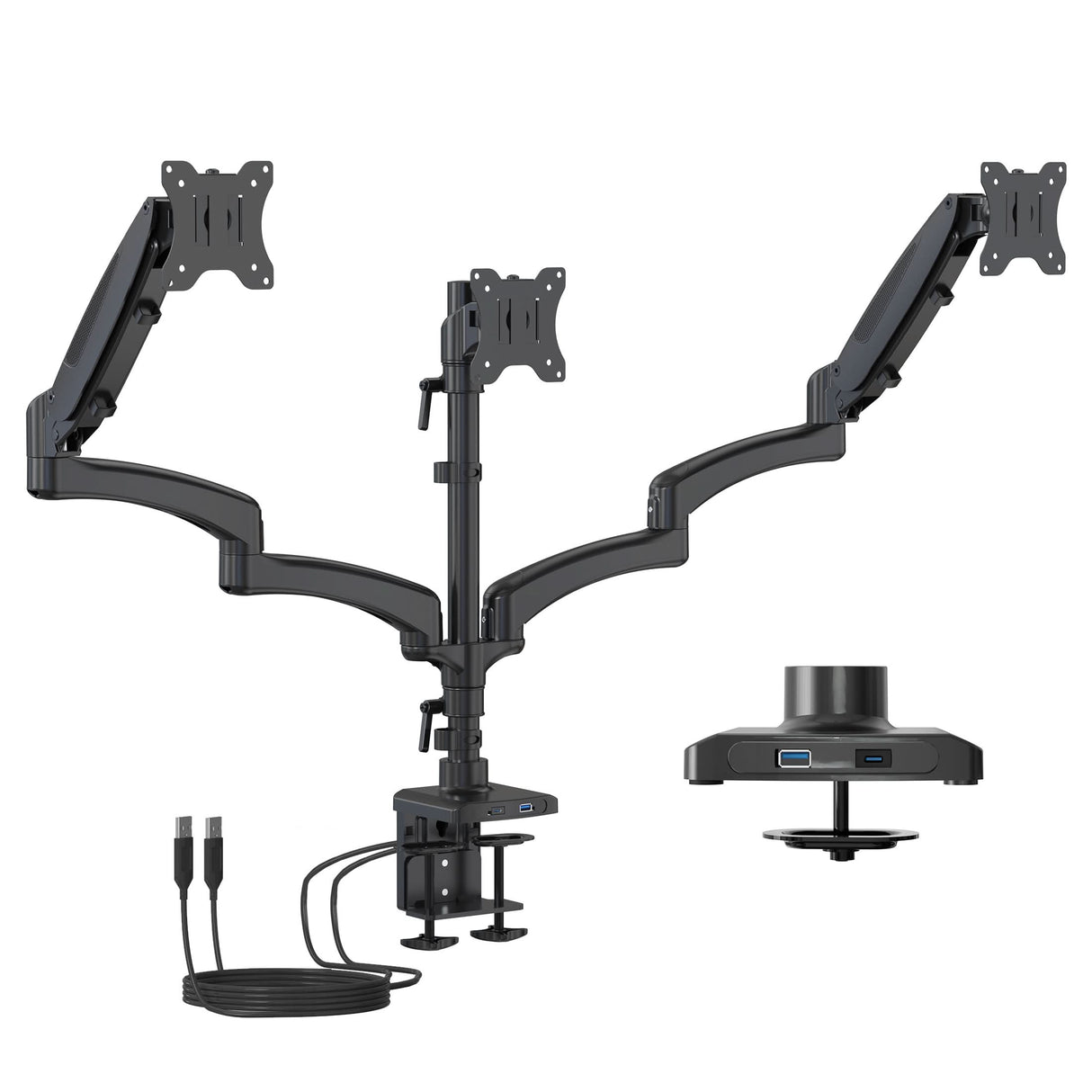 Triple Monitor Mount with Gas Spring Arms and USB Ports Triple Monitor Mount with Gas Spring Arms and USB Ports in black aluminum featuring three adjustable arms for monitors up to 32 inches, dual clamp and grommet installation options, integrated USB-A and USB-C ports for device charging, and gas spring mechanism for effortless height and angle adjustments designed for ergonomic workspace optimization.
