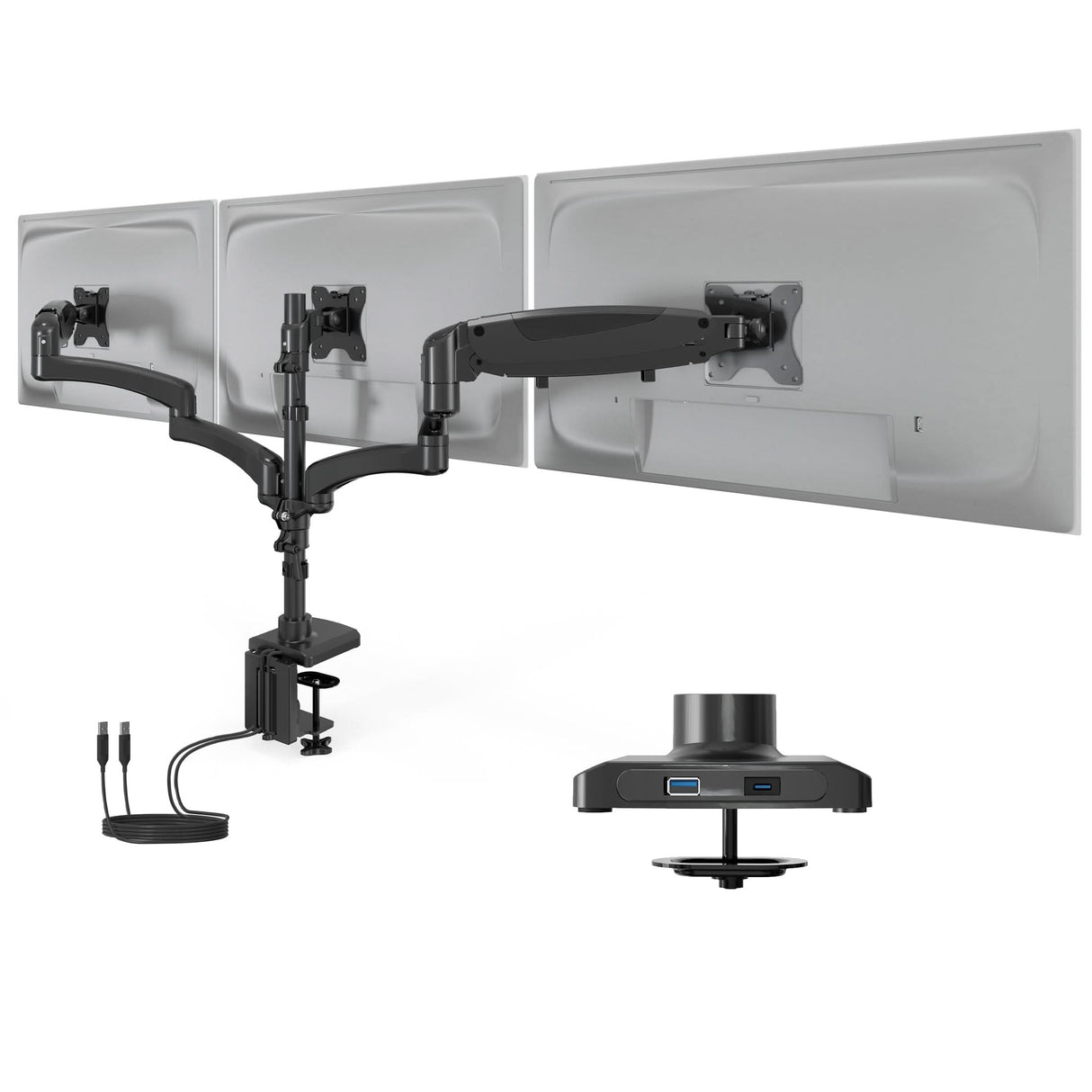 Triple Monitor Mount with Gas Spring Arms and USB Ports Triple Monitor Mount with Gas Spring Arms and USB Ports by Mount-It! shown holding three monitors, featuring adjustable gas spring arms for easy positioning, dual USB-A and USB-C ports integrated into the mount, dual clamp and grommet installation options, sleek black aluminum construction designed to support up to 32-inch screens and improve desk space and ergonomic comfort.