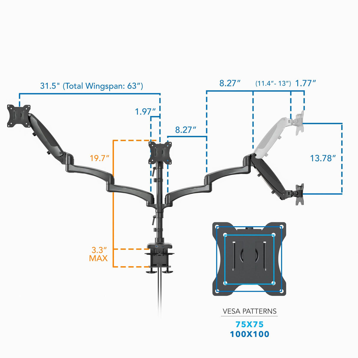 Triple Monitor Mount with Gas Spring Arms and USB Ports Technical diagram of the Triple Monitor Mount with Gas Spring Arms and USB Ports showing adjustable arm lengths, maximum height, total wingspan of 63 inches, clamp installation max thickness, and compatible VESA mounting patterns 75x75 and 100x100 millimeters, designed to hold three monitors with flexible positioning for ergonomic workspace optimization.