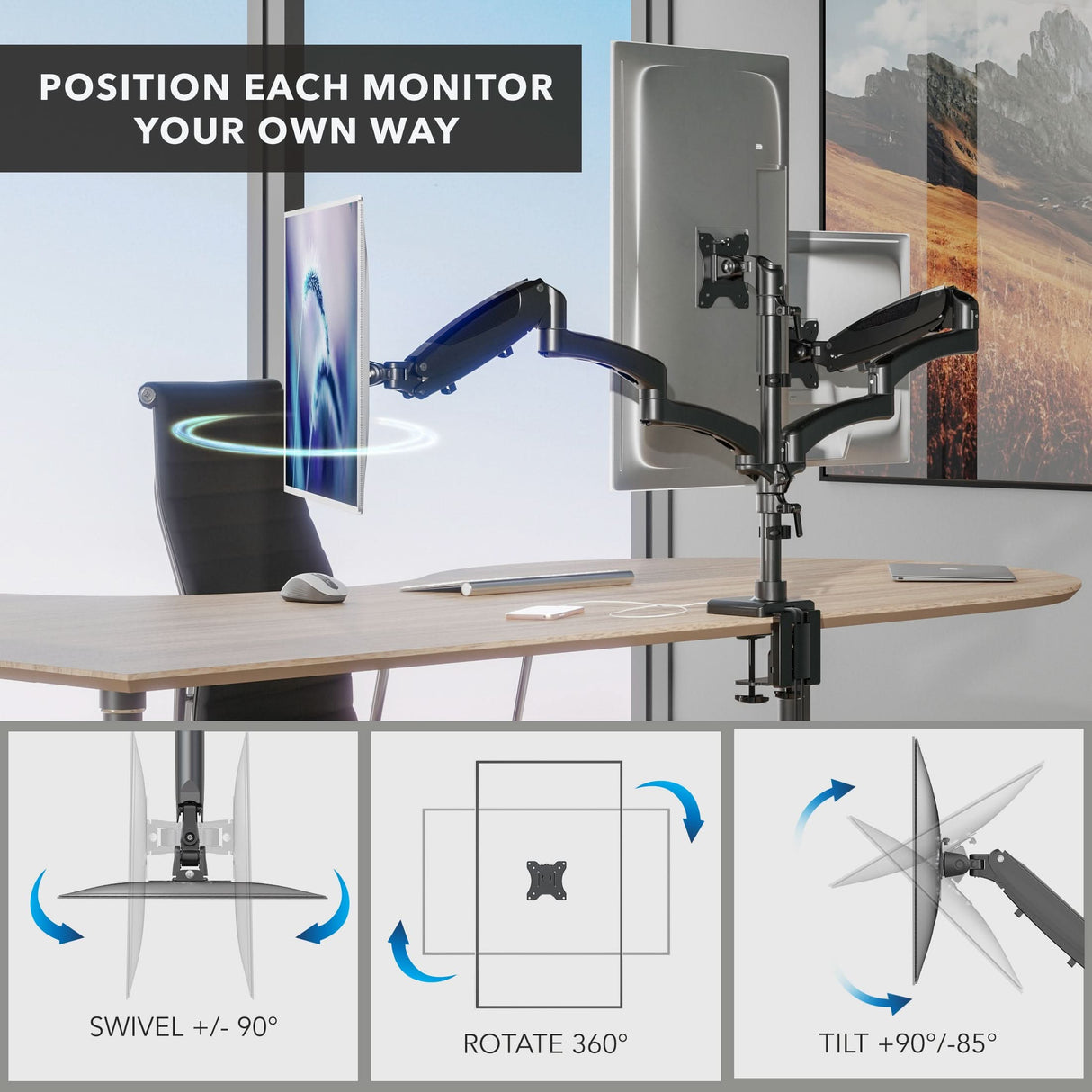 Triple Monitor Mount with Gas Spring Arms and USB Ports Triple Monitor Mount with Gas Spring Arms and USB Ports shown installed on a wooden desk with three monitors attached, demonstrating adjustable swivel, rotation, and tilt functions for ergonomic positioning; highlights flexibility in monitor placement and workspace optimization for productivity and comfort.