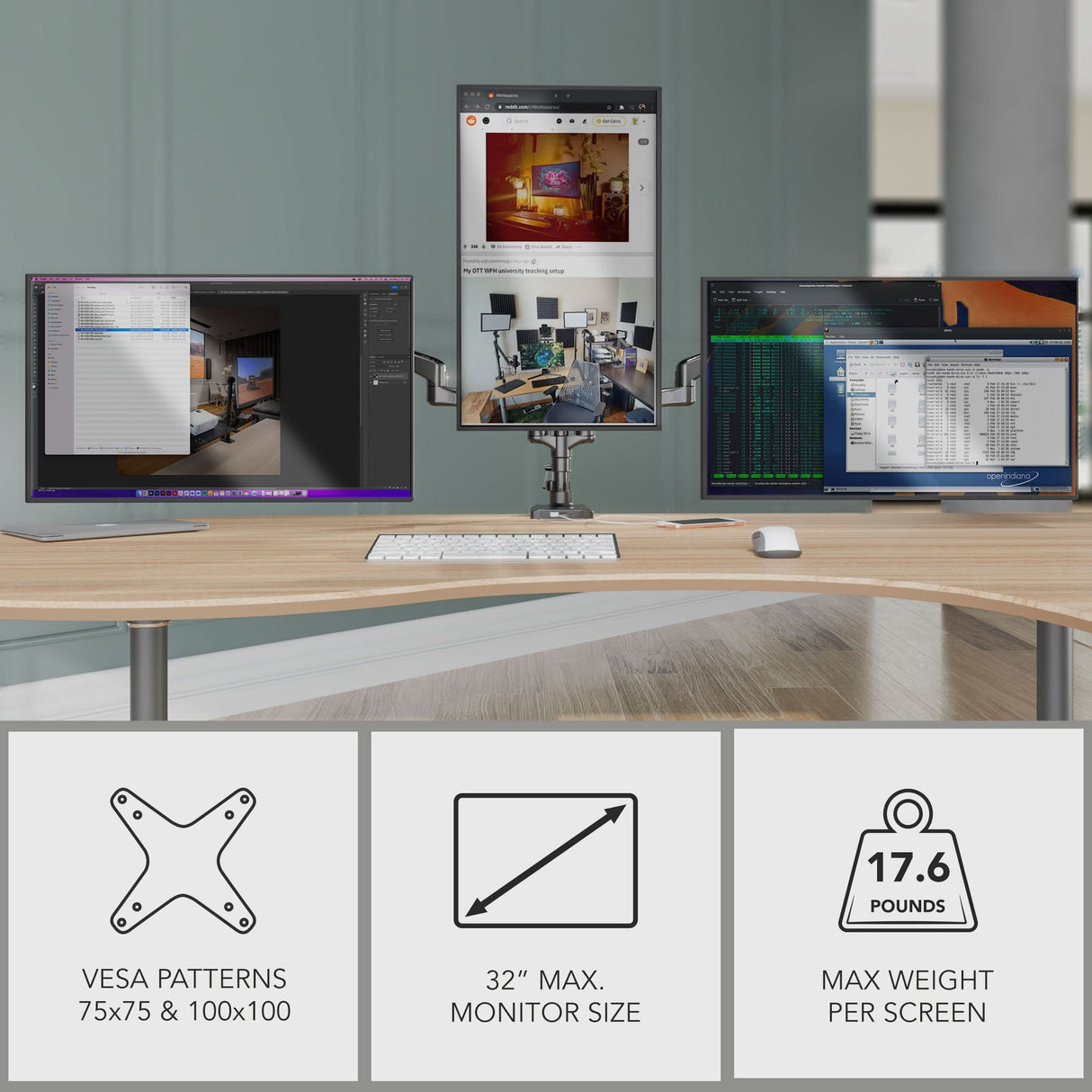 Triple Monitor Mount with Gas Spring Arms and USB Ports Triple Monitor Mount with Gas Spring Arms and USB Ports holding three screens on a desk, featuring adjustable swivel, tilt, and rotation for ergonomic use, designed for monitors up to 32 inches and 17.6 pounds each, with a sleek aluminum build and integrated USB-A and USB-C ports for charging and connectivity.
