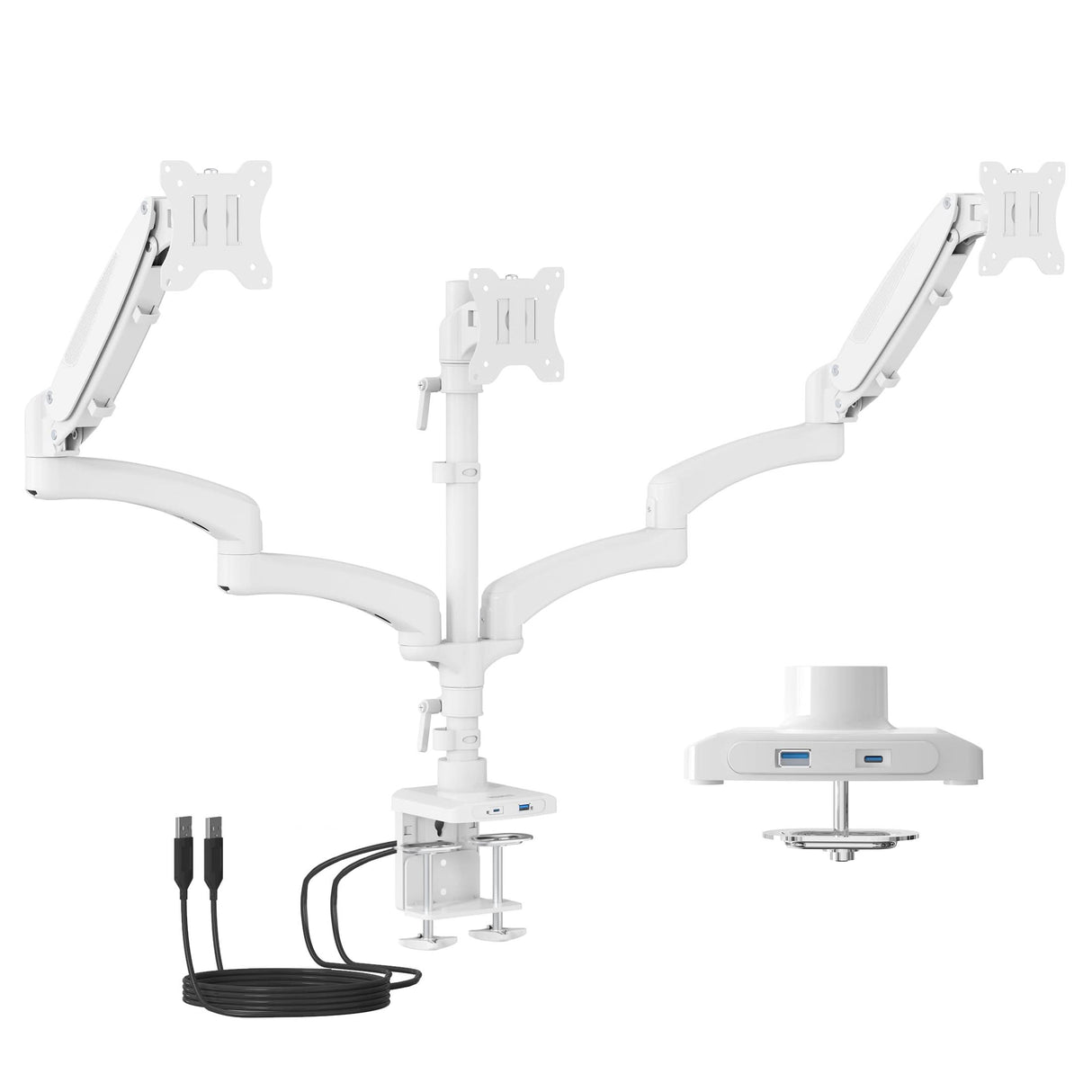Triple Monitor Mount with Gas Spring Arms and USB Ports White Triple Monitor Mount with Gas Spring Arms and integrated USB-A and USB-C ports shown with dual clamp and grommet installation options, designed to hold three monitors up to 32 inches and 17.6 pounds each, featuring ergonomic swivel, tilt, and rotation adjustments for optimal workspace setup and productivity enhancement.