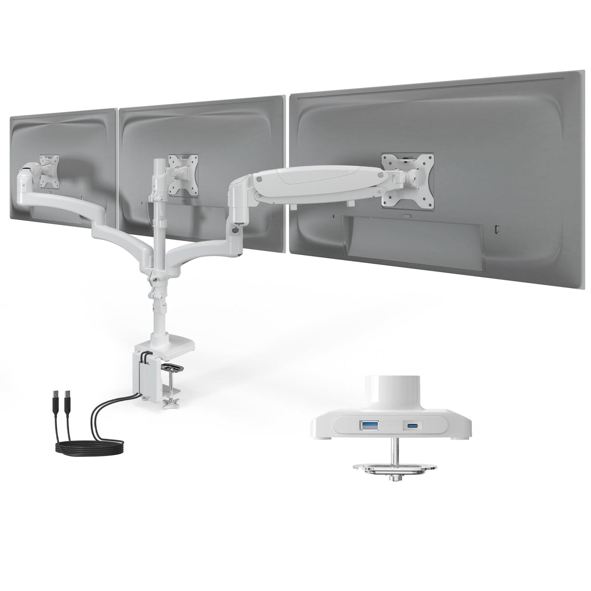 Triple Monitor Mount with Gas Spring Arms and USB Ports Triple Monitor Mount with Gas Spring Arms and USB Ports shown holding three monitors off the desk with adjustable arms for swivel, tilt, and rotation. The mount is clamped to the desk and features integrated USB-A and USB-C ports for charging and connectivity. The aluminum design supports monitors up to 32 inches and 17.6 pounds each, enhancing workspace ergonomics and organization.