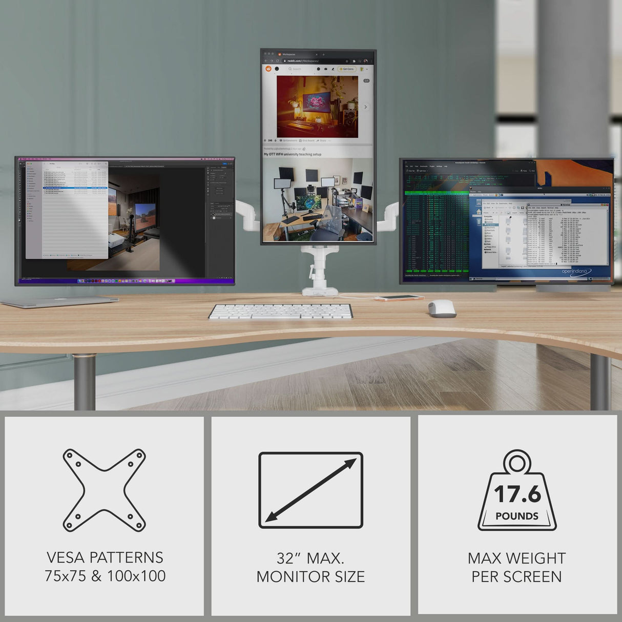 Triple Monitor Mount with Gas Spring Arms and USB Ports Triple Monitor Mount with Gas Spring Arms and USB Ports holding three monitors in a workspace setup showing adjustable arms supporting one monitor vertically and two monitors horizontally, featuring a clean wooden desk with keyboard and mouse, highlighting the ergonomic and space-saving design ideal for multitasking with VESA compatibility, supporting up to 32-inch screens and 17.6 pounds per monitor.