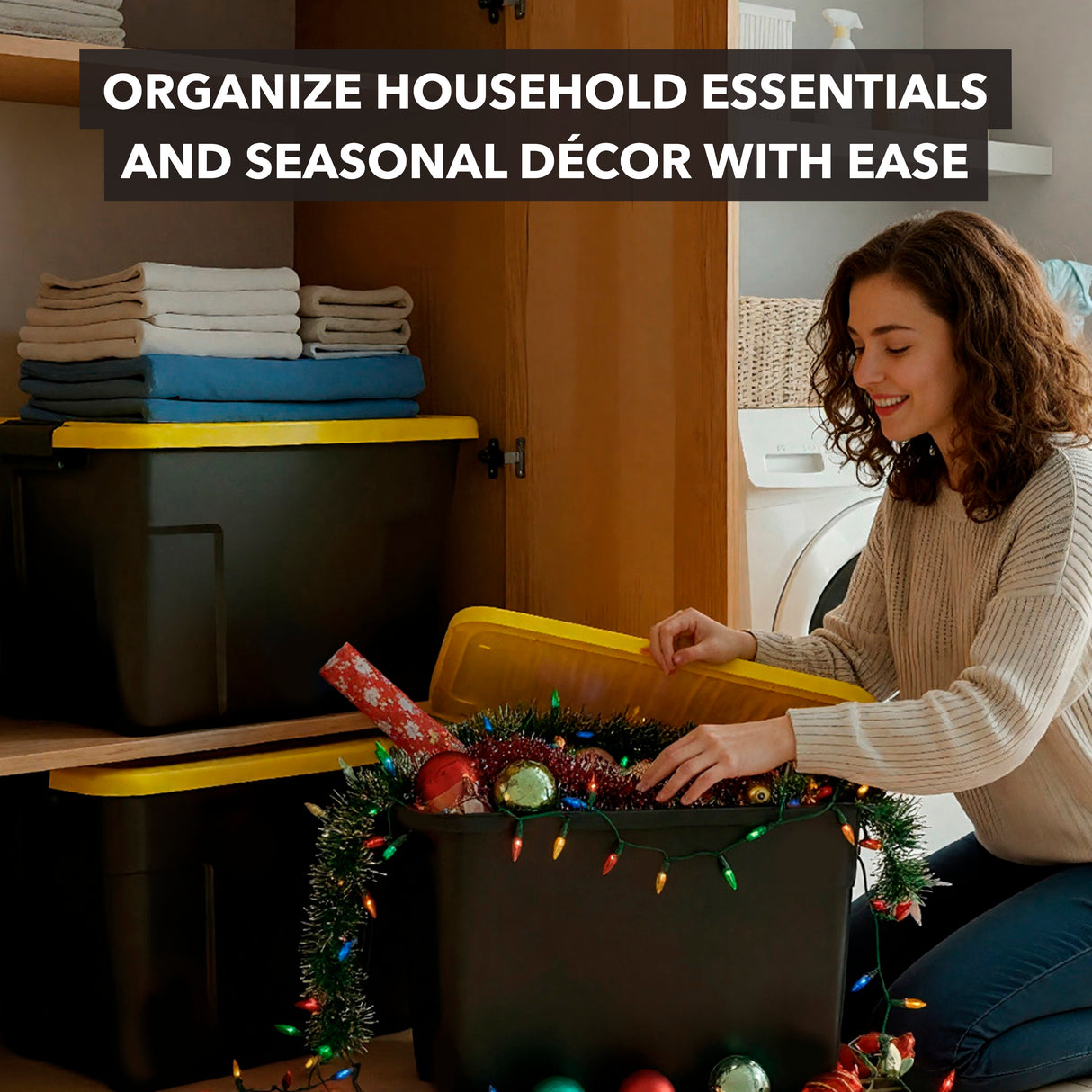 A woman smiles while organizing holiday decorations into the Mount-It! Heavy-Duty Storage Bin with Lid. Folded towels and stackable organizers are nearby. Text reads, Easily organize household essentials and seasonal décor.