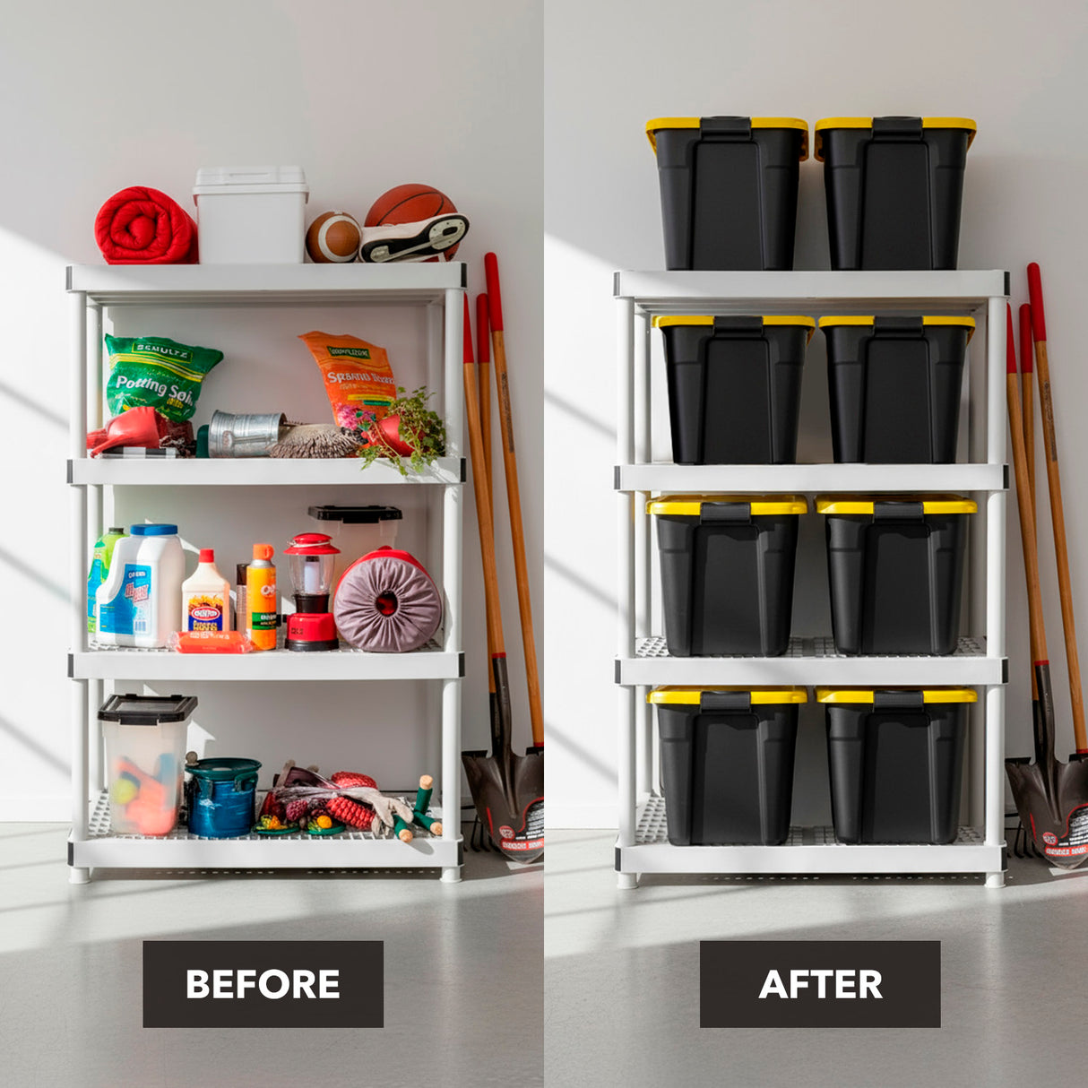 A side-by-side image shows a cluttered white shelving unit labeled BEFORE and the same unit neatly organized with Mount-It! Heavy-Duty Storage Bins with Lids labeled AFTER. Gardening tools lean against the shelves in both images.