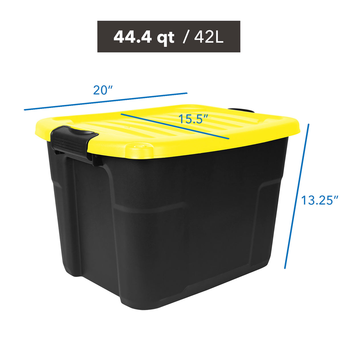The Mount-It! Heavy-Duty Storage Bin with Lid is black with a yellow lid, 44.4 qt/42L capacity, and measures 20" L x 15.5" W x 13.25" H. Features side handles and stackable design for organized storage.