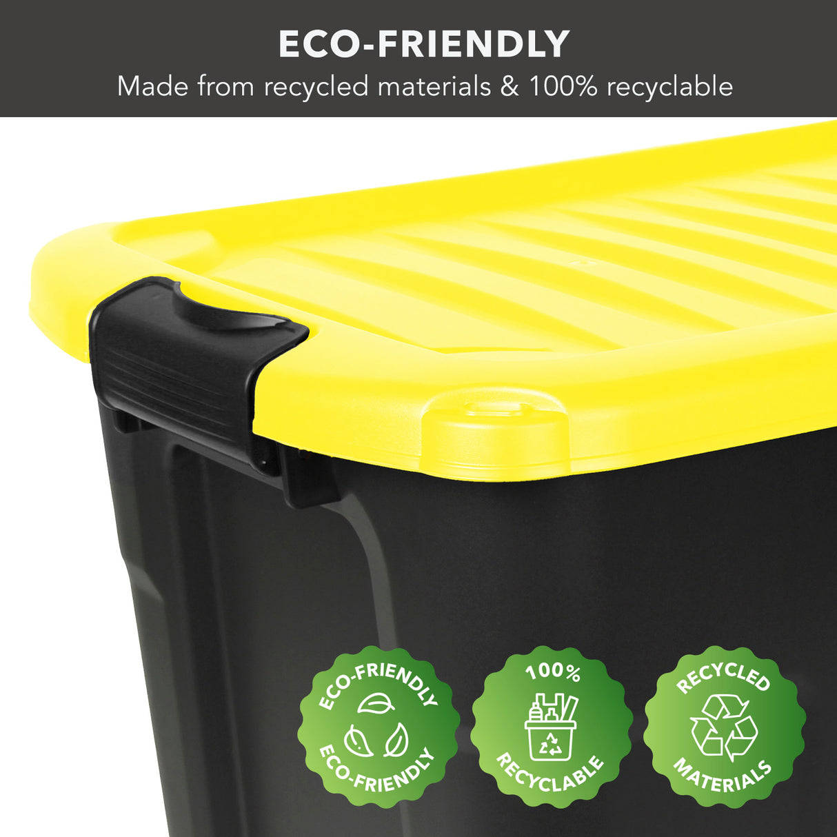 The Mount-It! Heavy-Duty Storage Bin with Lid is shown in black with a yellow lid. Text above states "ECO-FRIENDLY Made from recycled materials & 100% recyclable." Three green eco icons are displayed at the bottom.