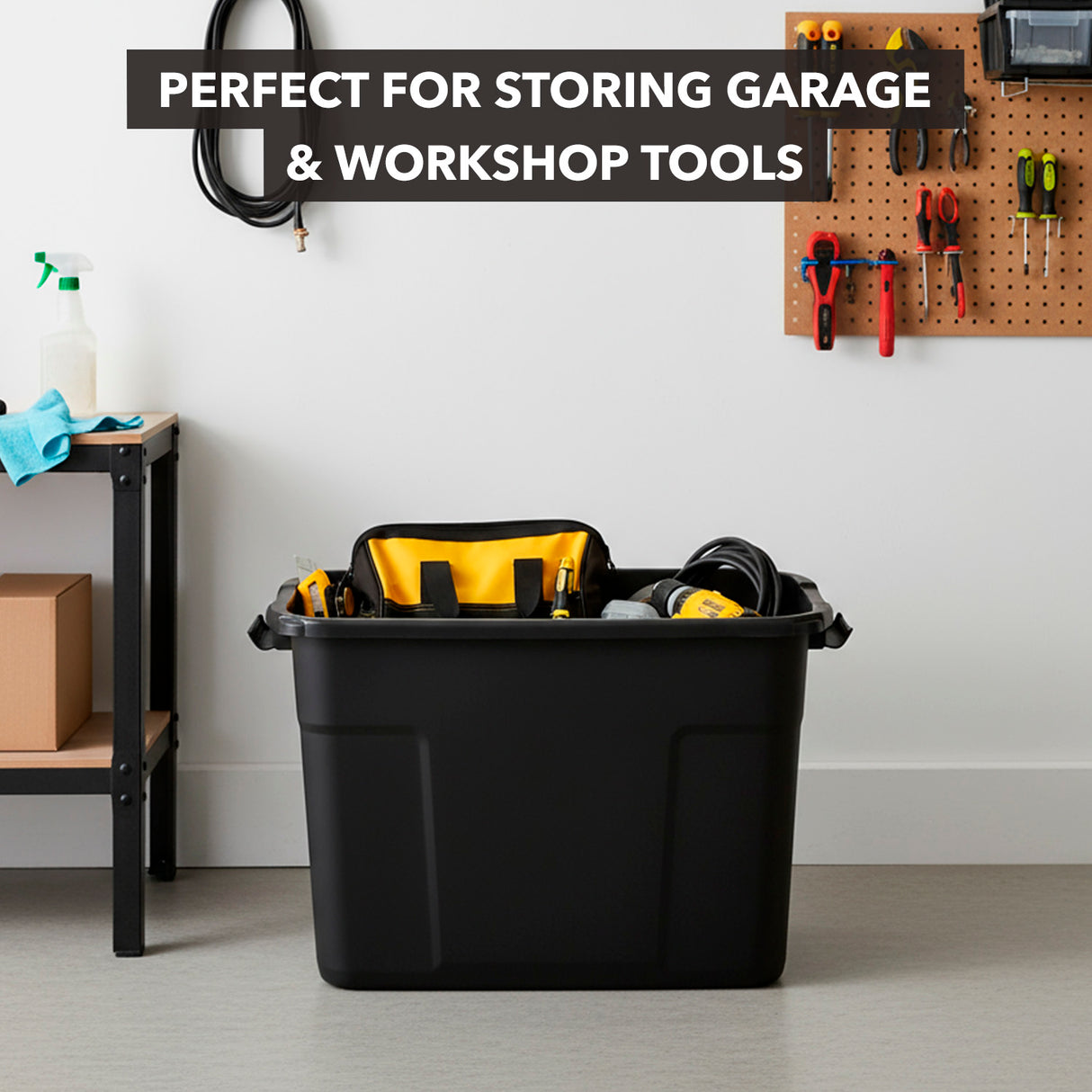 The Mount-It! Heavy-Duty Storage Bin with Lid sits on a garage floor, filled with tools. Nearby are shelves, a pegboard of hanging tools, and text: Perfect for storing garage & workshop tools.