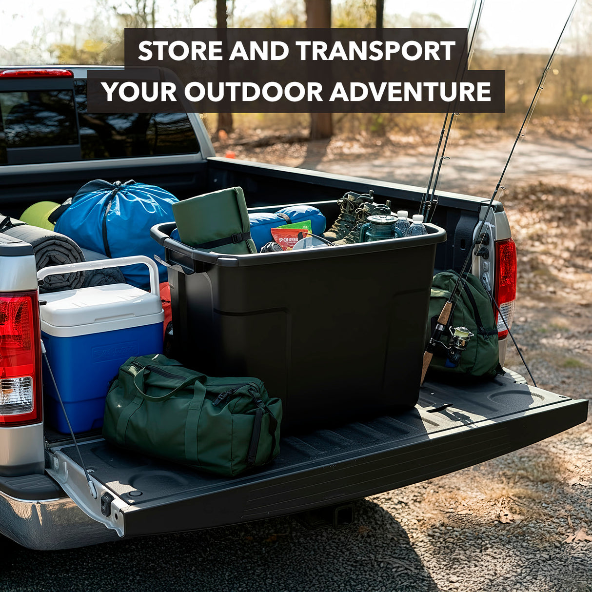 A pickup truck with its tailgate down holds Mount-It! Heavy-Duty Storage Bins with Lid, a cooler, backpacks, and fishing rods. Text: Store and transport your outdoor adventure. Forest background.