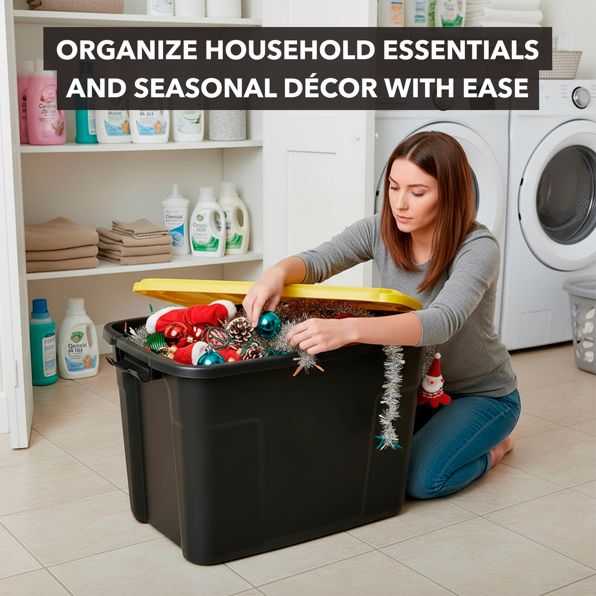 A woman in a laundry room places holiday décor into the Mount-It! Heavy-Duty Storage Bin with Lid, surrounded by cleaning supplies and appliances. Text: Organize household essentials and seasonal décor easily with Mount-It!.