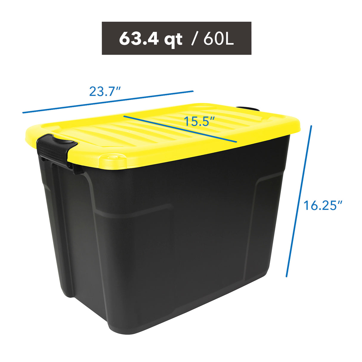 The Mount-It! Heavy-Duty Storage Bin with Lid is shown in black with a yellow top, measuring 23.7"L x 15.5"W x 16.25"H, and holding 63.4 quarts (60 liters). Weather-resistant and stackable for versatile storage anywhere.