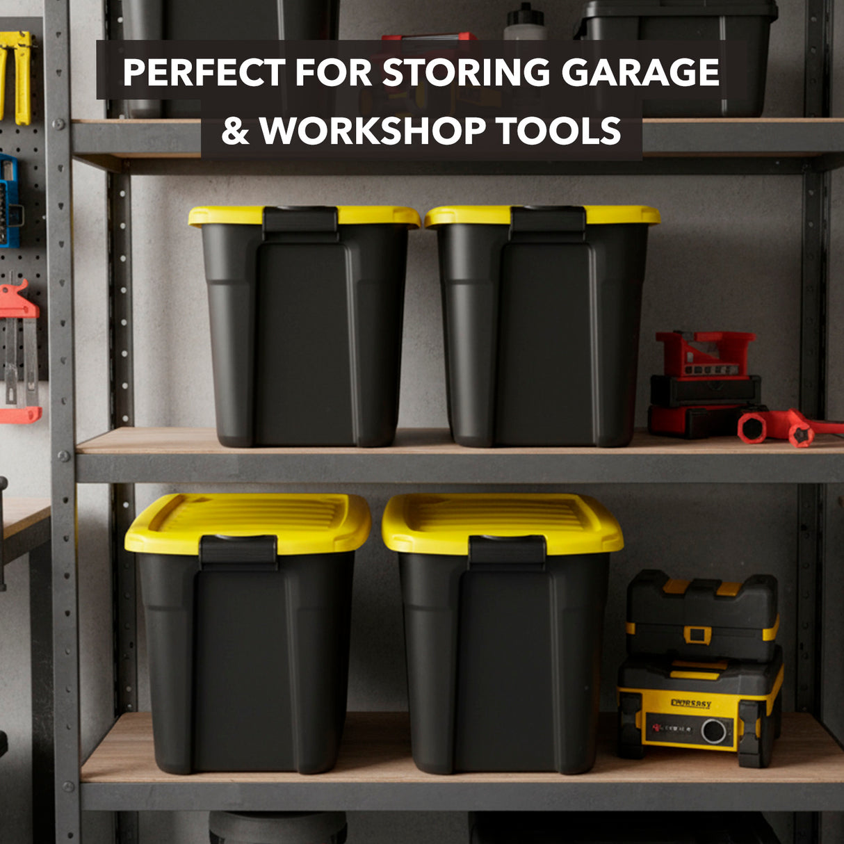 Four Mount-It! Heavy-Duty Storage Bins with yellow lids are neatly arranged on shelves in a garage, surrounded by tools. Text above: Perfect containers for organizing garage or workshop gear.