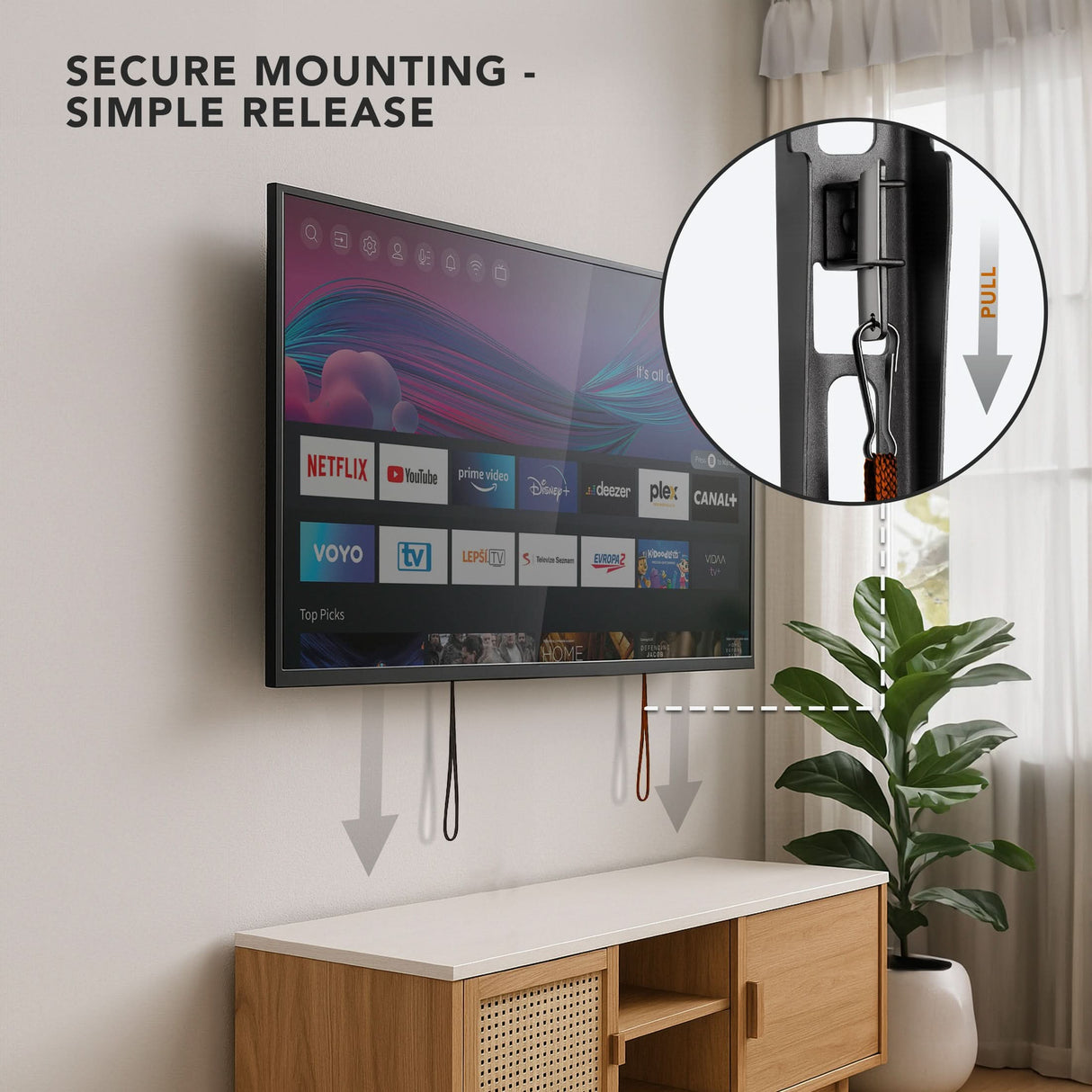 Low Profile Slim TV Wall Mount Fixed TV Bracket Low Profile Slim TV Wall Mount Fixed TV Bracket by Mount-It! shown mounted on a wall above a wooden cabinet with a flat-panel TV secured closely flush to the wall, highlighting anti-lift spring lock mechanism with pull cords for easy and secure release, emphasizing sleek, space-saving installation suitable for modern living spaces.