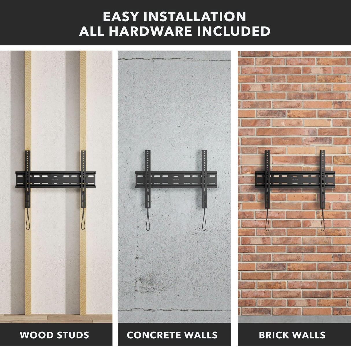 Low Profile Slim TV Wall Mount Fixed TV Bracket installed on wood studs, concrete walls, and brick walls demonstrating easy installation with all hardware included, designed for secure mounting of flat-panel TVs with versatile wall compatibility.