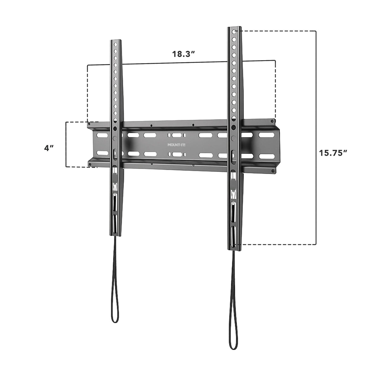 Low Profile Slim TV Wall Mount Fixed TV Bracket Mount-It! Low Profile Slim TV Wall Mount Fixed TV Bracket shown with detailed dimensions, constructed from high-strength steel, designed for 32- to 55-inch flat-panel TVs, featuring vertical mounting rails with pull cords for easy installation, measuring 18.3 inches wide, 15.75 inches tall, and 4 inches deep, supporting up to 77 pounds and offering a low-profile, sleek, space-saving design.