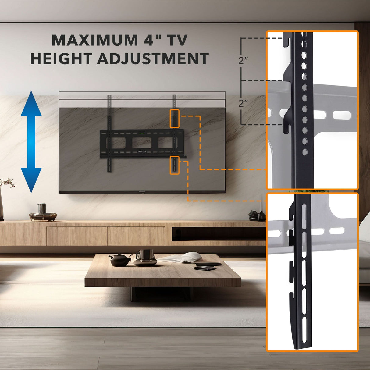 Heavy-Duty Ultra Low Profile TV Wall Mount with Locking Feature Heavy-Duty Ultra Low Profile TV Wall Mount with Locking Feature showing maximum 4-inch height adjustment capability with detailed close-up views of vertical VESA brackets and mounting slots in a modern living room setting, highlighting precision engineering for secure and flexible TV positioning.