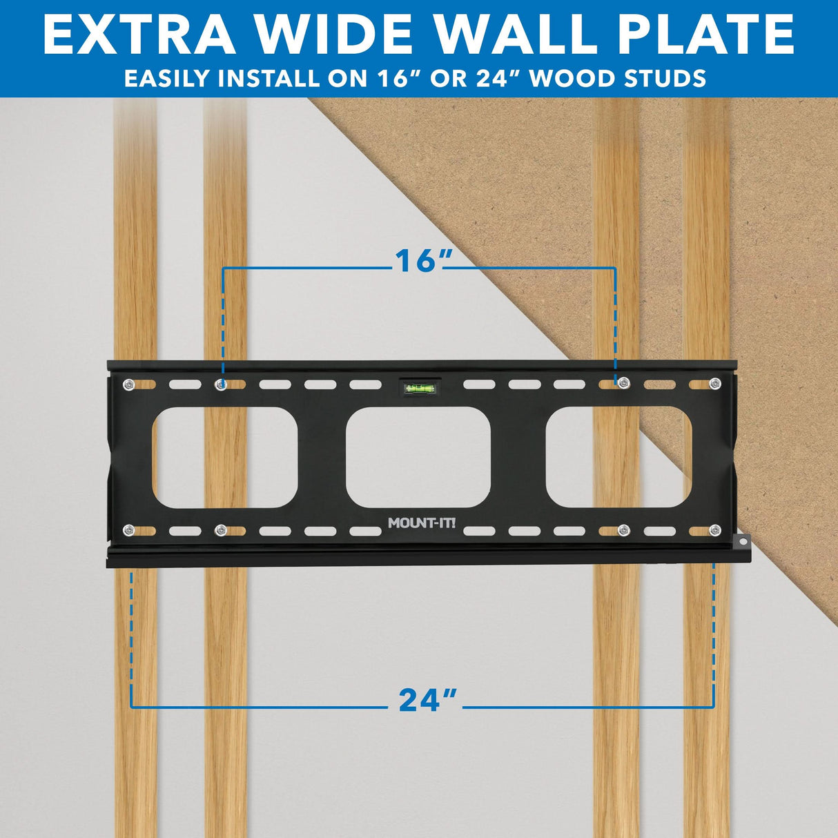 Heavy-Duty Ultra Low Profile TV Wall Mount with Locking Feature Extra wide wall plate of the Heavy-Duty Ultra Low Profile TV Wall Mount with Locking Feature designed by Mount-It! showing compatibility for installation on 16-inch or 24-inch wood studs, with measurements indicated for precise mounting, illustrating the mount’s robust build and ease of secure attachment to wood studs for supporting large TVs.