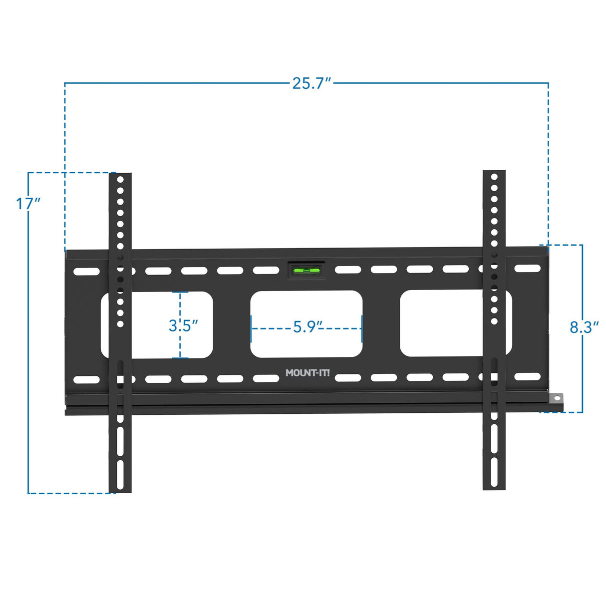 Heavy-Duty Ultra Low Profile TV Wall Mount with Locking Feature Heavy-Duty Ultra Low Profile TV Wall Mount with Locking Feature by Mount-It! shown with detailed dimensions, featuring a sturdy black metal frame designed for secure TV mounting, includes multiple slot openings for cable management, built-in level for precise installation, supports large VESA patterns, and offers a slim, low profile ideal for heavy TVs up to 175 lbs with anti-theft locking capability.