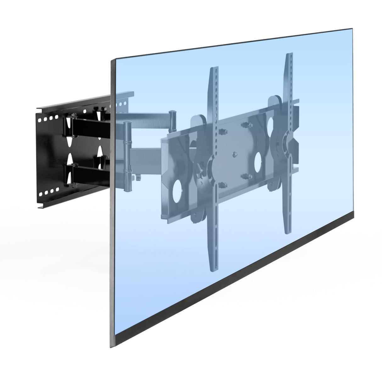 Heavy Duty Full Motion TV Wall Mount with Extension Heavy Duty Full Motion TV Wall Mount with Extension showing a large flat screen TV mounted on a dual arm steel bracket extending away from the wall, demonstrating swivel and tilt capabilities, designed for heavy TVs with VESA patterns up to 800mm by 400mm and supporting up to 220 pounds for secure, adjustable positioning.