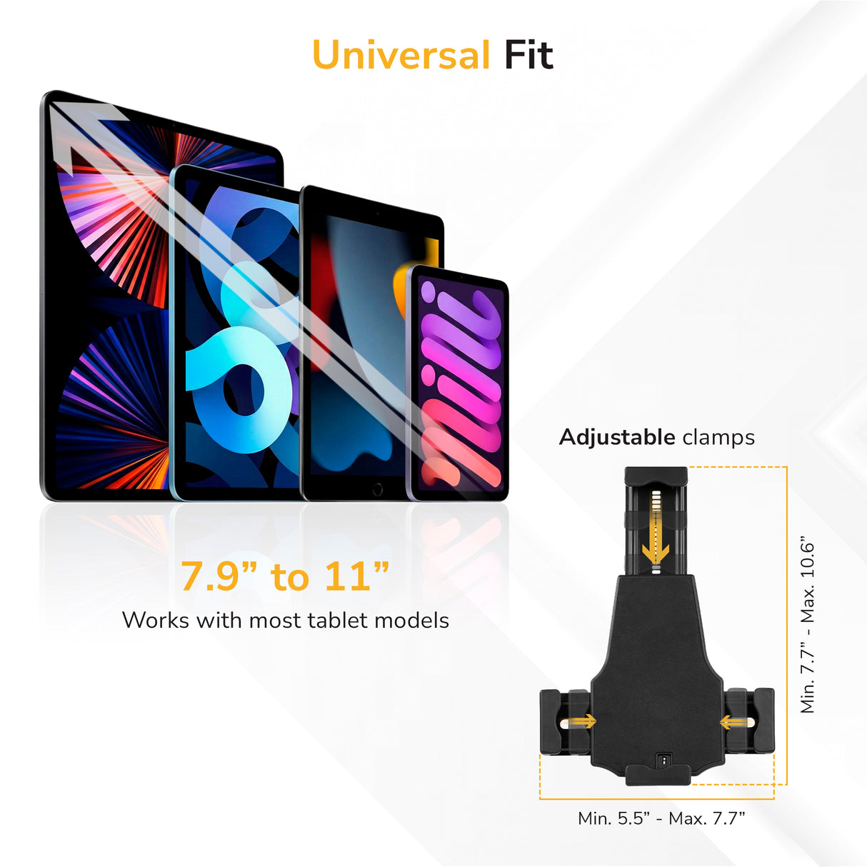 The Mount-It! Secure Universal Tablet Floor Stand with Lock is displayed beside three different tablets, showcasing compatibility with 7.9–11" tablets and clamp adjustments from 5.5–7.7" wide and up to 10.6" high—perfect for retail kiosks.