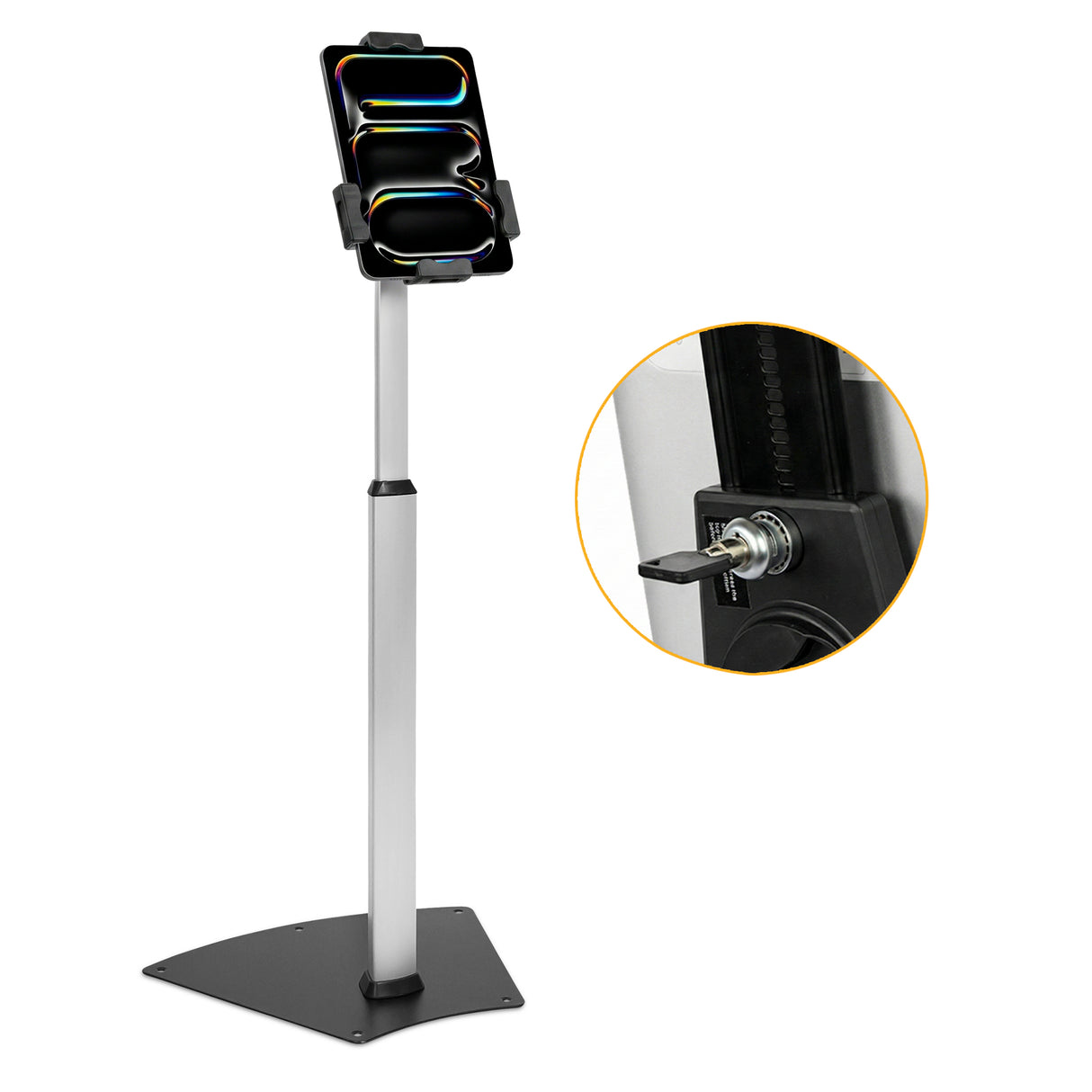 The Mount-It! Secure Universal Tablet Floor Stand with Lock is displayed with a mounted tablet. An inset shows a close-up of a key in the lock, highlighting its security—perfect for retail kiosk use.