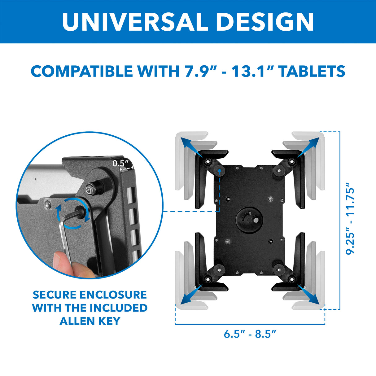 The Mount-It! Universal Tablet Floor Kiosk fits 7.9–13.1" tablets, adjusts 6.5–8.5" wide and 9.25–11.75" tall, and includes a secure anti-theft stand with Allen key for added protection.