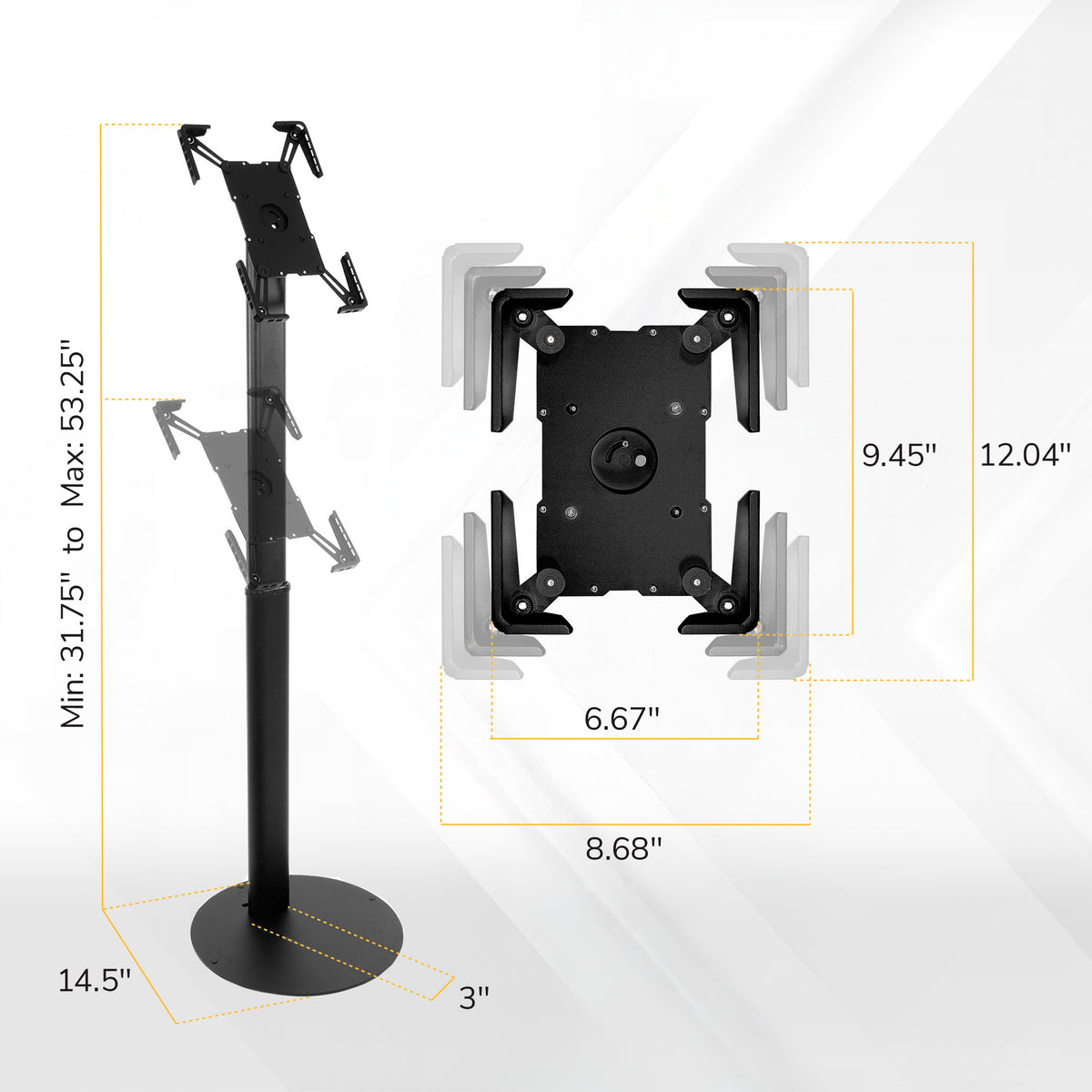 The Mount-It! Universal Tablet Floor Kiosk features a secure, adjustable tablet mount with extendable arms, a 14.5" round base, and height adjustment from 31.75" to 53.25". The tablet enclosure adjusts up to 8.68" x 12.04".